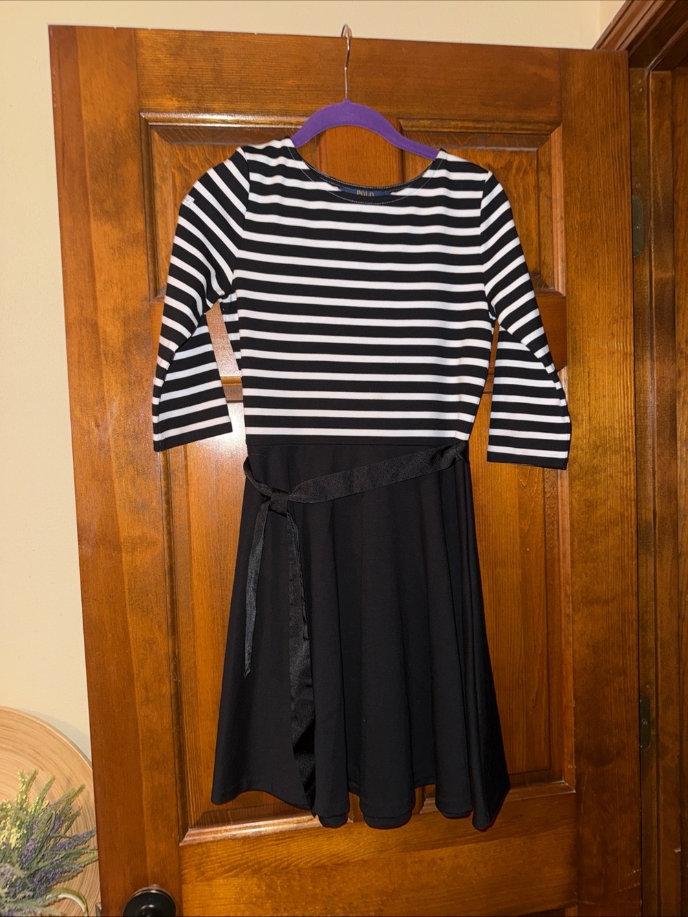 Polo Ralph Lauren Girls XL Black White Striped Fit & Flare 3/4 sleeves Dress